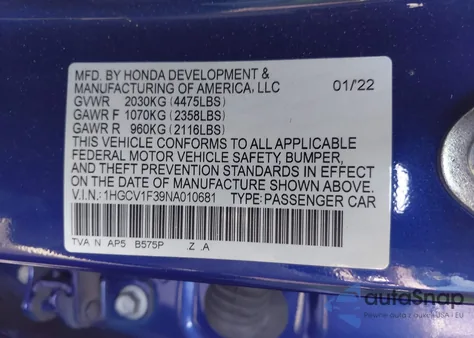 2022 Honda Accord Sport from USA, damaged, VIN 1HGCV1F39NA010681